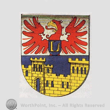 Heraldry: eagle, castle walls, letter "L", shield.