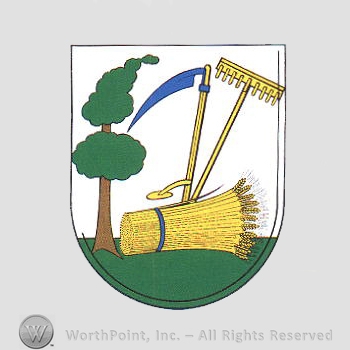 Heraldry: tree, scythe, rake, wheat.