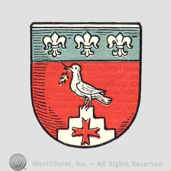 Heraldry: fleur-de-lis, pigeon, shield, cross, pedestal.