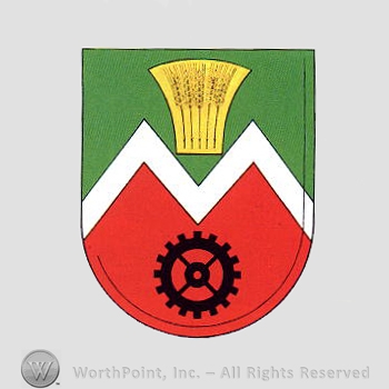 Heraldry: wheat, letter "M", cog wheel, shield.