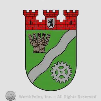 Heraldry: castle towers, bear and shield, spice wheath, waving line, cog wheel.