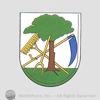 Heraldry: tree, rake, scythe and a fork.