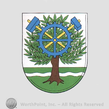 Heraldry: tree, cog wheel, two hammers and a waving line.