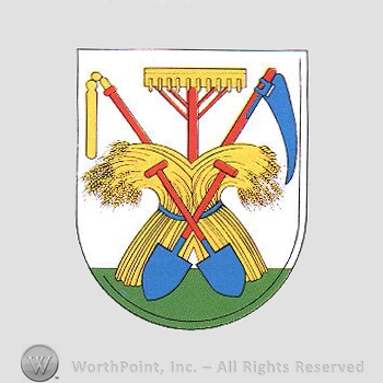 Heraldry: rake, shovels, scythe, wood stick, wheat, shield.