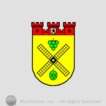 Heraldry: shield, castle towers, small lion shield, grapes, hop fruit and windmills.