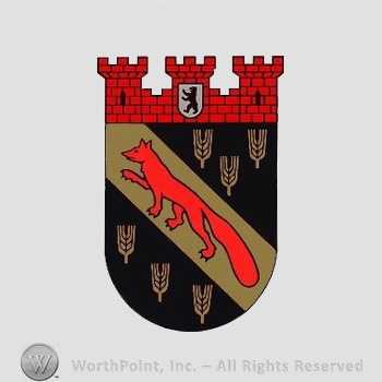 Heraldry: castle towers, bear with a shield, fox, spice wheat and a shield.