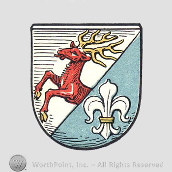 Heraldry: stag, fleur-de-lis, shield.