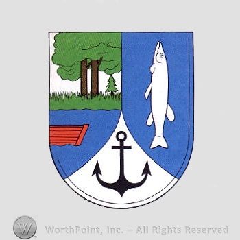 Heraldry: trees, fish, anchor, boat, water, shield.