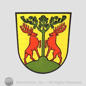 Heraldry: tree, two stag's and a shield.