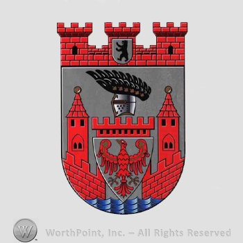 Heraldry: castle towers, bear inside a shield, armoured helmet, castele, water, eagle inside shield.