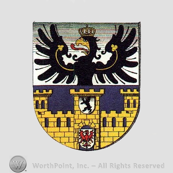 Heraldry: crown, eagle, castle, two small shields and a large shield.