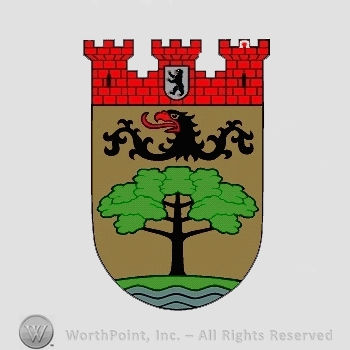 Heraldry: castle towers, griffin, tree, bear inside shield, waving lines, shield.