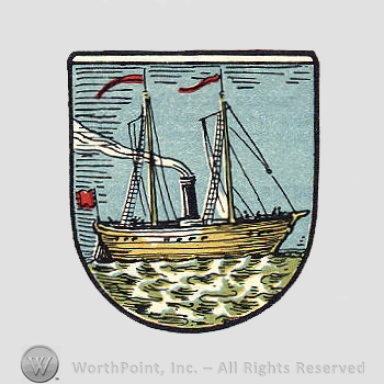 Heraldry: ship, flags, waves, blue sky, shield.