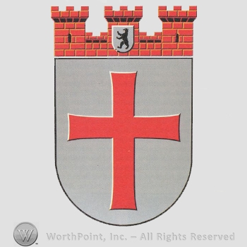 Heraldry: castle towers, bear inside a shieeld, cross, shield.