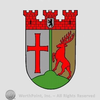 Heraldry: castle towers, bear inside a shield, cross, stag, shield.