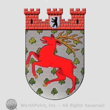 Heraldry: castle towers, bear inside e shield, stag, clover leaves, shield.