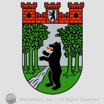 Heraldry: castle towers, bear, trees, water, shield.