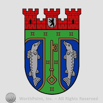 Heraldry: castle towers, bear inside a shield, key, two fishes, shield.