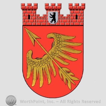 Heraldry: castle towers, bear inside a shield, arrow, wings, shield.