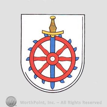 Heraldry: spiked wheel, sword and a shield.