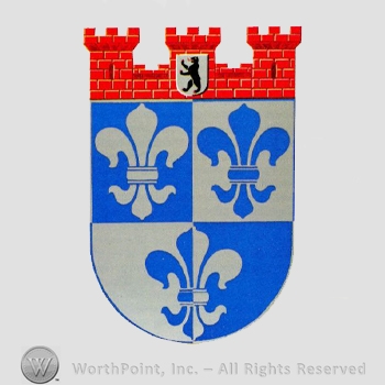 Heraldry: castle towers, bear inside a shield, three fleur-de-lis, shield.