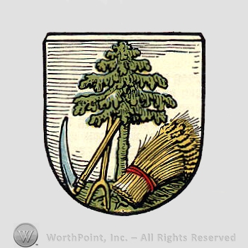 Heraldry: tree, scythe, fork, bunch of wheat, shield.