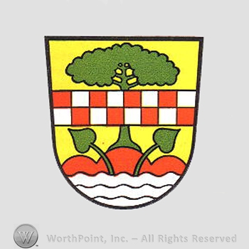 Heraldry: tree, chequered bar, leaves, water, shield.