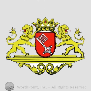 Heraldry: crown, lions, shield, key, pedestal.