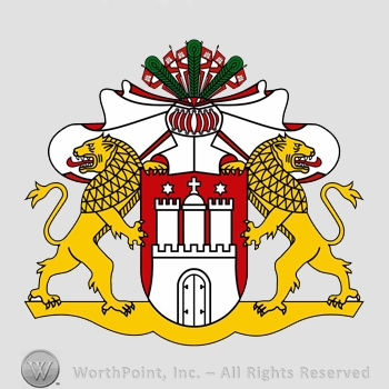 Heraldry: flags, shield, lions, two stars, cross and a castle.