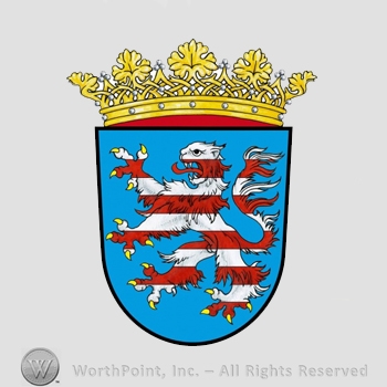 Heraldry: lion rampant, red stripes, crown, shield.
