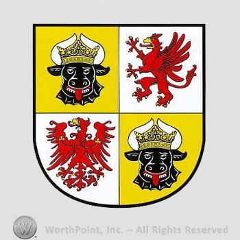Heraldry: bull head's, crowns, eagle, griffin, shield.