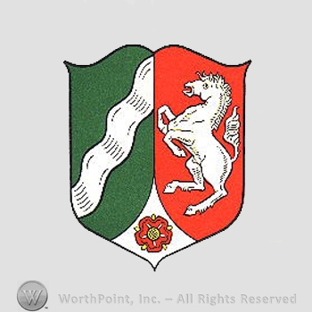 Heraldry: shield, horse, cinquefoils, waving lines.