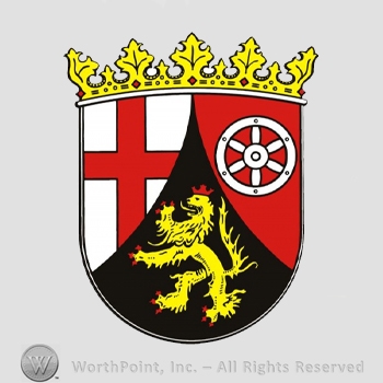 Heraldry: crown, cross, wheel, lion rampant with crown, shield.