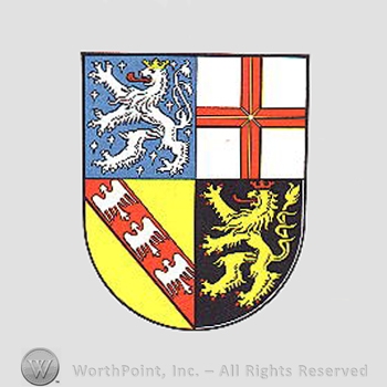 Heraldry: two rampant lions, three birds, cross and a shield.