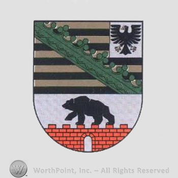 Heraldry: shield, crown-ring line, eagle, bear, castle walls, black-Brown line.