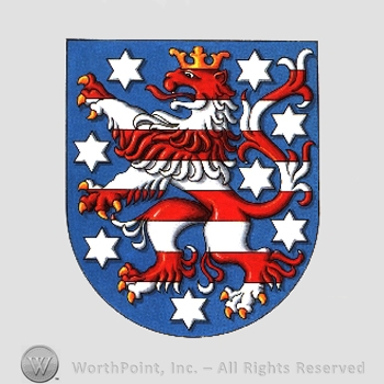 Heraldry: shield, lion rampant, crown, white stars, red bars.