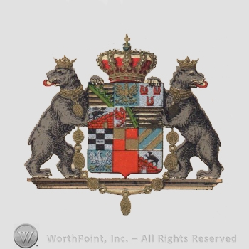 Heraldry: two bears with crown, imperial crown, shield, chain, two eagles, two crown and ring lines, black and white pattern, red and brown pattern, castle walls.
