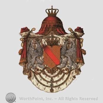 Heraldry: imperial crown, red canvas, two eagles with crown, brown shield with res bar, three necklace with pendant.