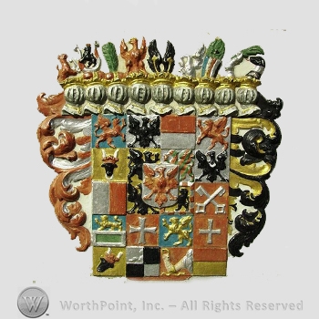 Heraldry: crown, small helmets, eagle, swan, leaves, wings, aroured hand, shield, bull head, eagles, griffins, crosses, two keys.