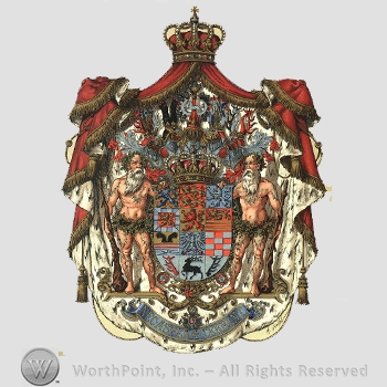 Heraldry: crown on red canvas, bear claws, horse, imperial crown, two man with white beard, rampant lions, stag, eagle, shield.
