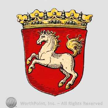 Heraldry: crown, horse and a shield.