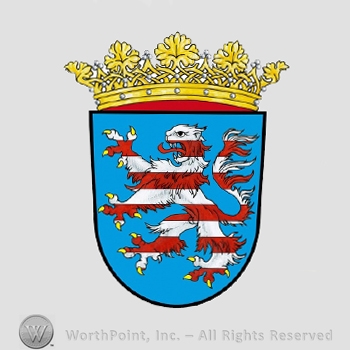Heraldry: lion rampant, red stripes, crown, shield.