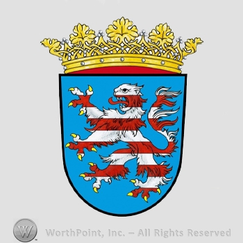 Heraldry: lion rampant, red stripes, crown, shield.