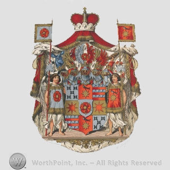 Heraldry: crown, red canvas, stag head, wings, helmets, shield, two stars, cinquefoils, two children holding flags.
