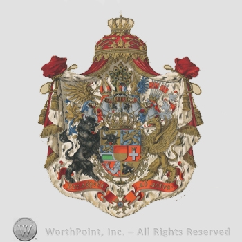 Heraldry: crown, red canvas, griffins, bull, imperial crown, shiled, helmets, cross, armoured hand, cross with a crown, ribbon, peacock feathers, wings.