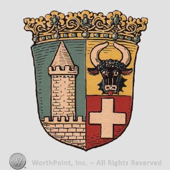 Heraldry: crown, shield, castle tower, bull head, cross.