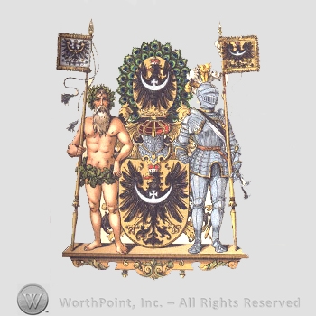 Heraldry: men with beard naked, knight in armour, two flags with eagles, two eagles with crown, shield, peacock feathers.