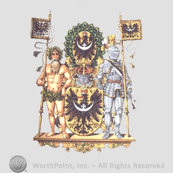 Heraldry: men with beard naked, knight in armour, two flags with eagles, two eagles with crown, shield, peacock feathers.