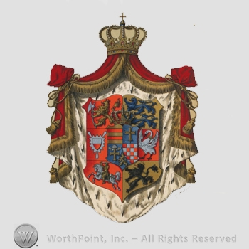 Heraldry: imperial crown, red canvas, shield, lions, crosses, knight on horse, swan, red and white pattern.