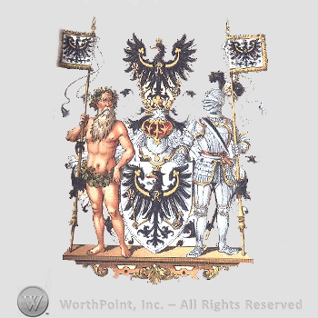Heraldry: naked men with beard, knight in armour, flags, eagles, crown, shield, pedestal.